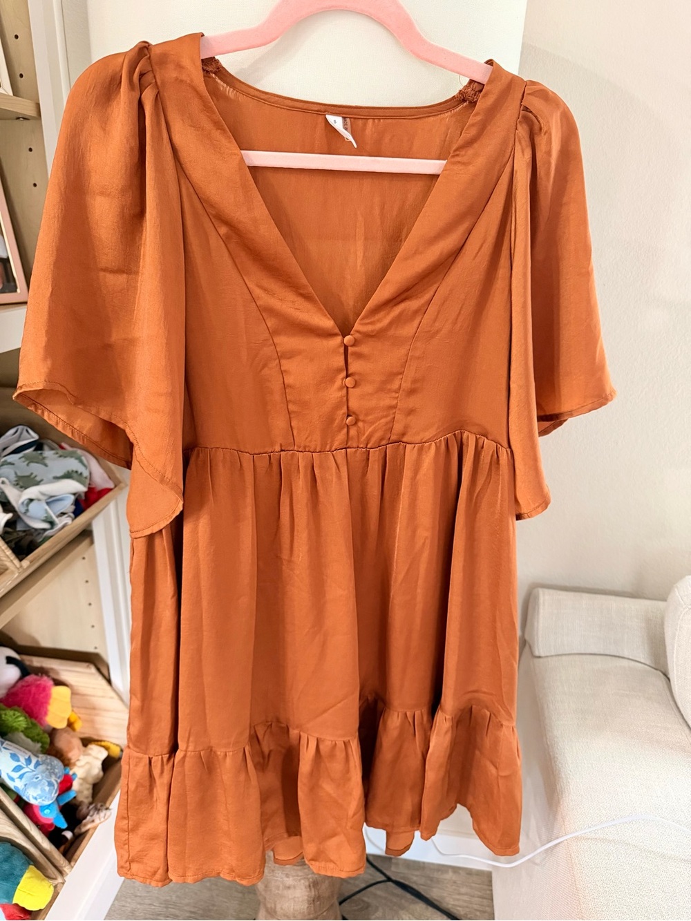 glam Rust Orange V-Neck Tiered Mini Dress